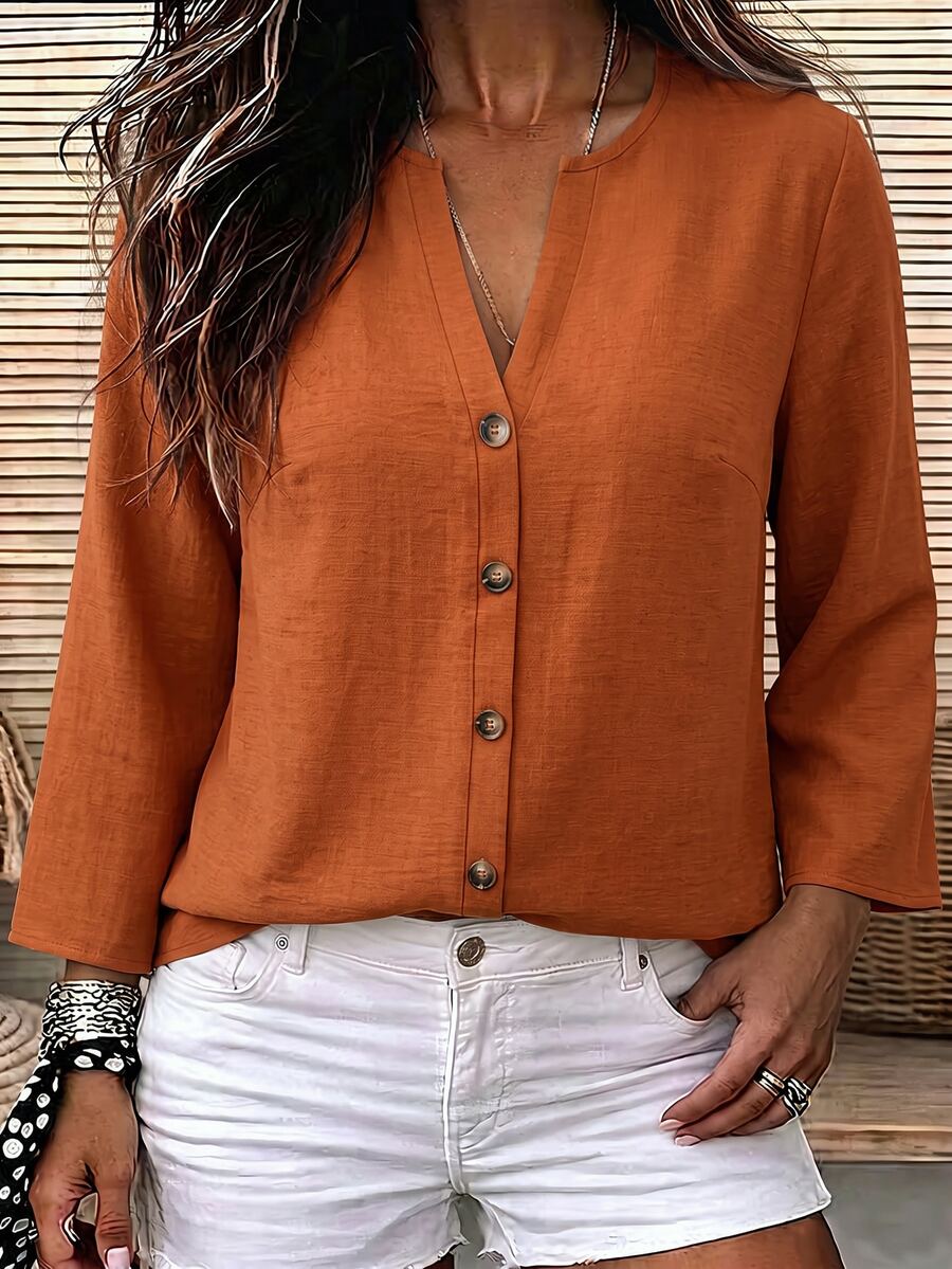 SHEIN LUNE Plus Size Women Solid Color Notch V-Neck Casual Everyday Blouse Fall - Multicolor - View 1