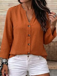 SHEIN LUNE Plus Size Women Solid Color Notch V-Neck Casual Everyday Blouse Fall - Multicolor - View 5