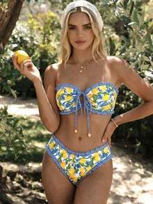 SHEIN Swim 女士夏季新款性感简约印花系带露背比基尼套装，适合海滩度假 - 彩色 - 查看 7