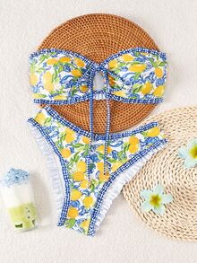 SHEIN Swim 女士夏季新款性感简约印花系带露背比基尼套装，适合海滩度假 - 彩色 - 查看 5