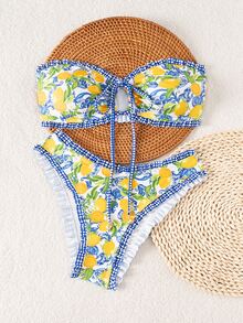 SHEIN Swim 女士夏季新款性感简约印花系带露背比基尼套装，适合海滩度假 - 彩色 - 查看 4
