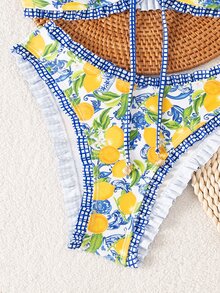 SHEIN Swim 女士夏季新款性感简约印花系带露背比基尼套装，适合海滩度假 - 彩色 - 查看 6