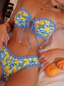 SHEIN Swim 女士夏季新款性感简约印花系带露背比基尼套装，适合海滩度假 - 彩色 - 查看 1