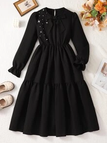 Teen Girl Black Sweet Style Long Sleeve Dress With Bow And Pearl Decor, Autumn Dresses, Ruffle Sleeves Party Cute Elegant Cute - Black - View 4