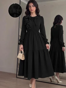 Teen Girl Black Sweet Style Long Sleeve Dress With Bow And Pearl Decor, Autumn Dresses, Ruffle Sleeves Party Cute Elegant Cute - Black - View 1