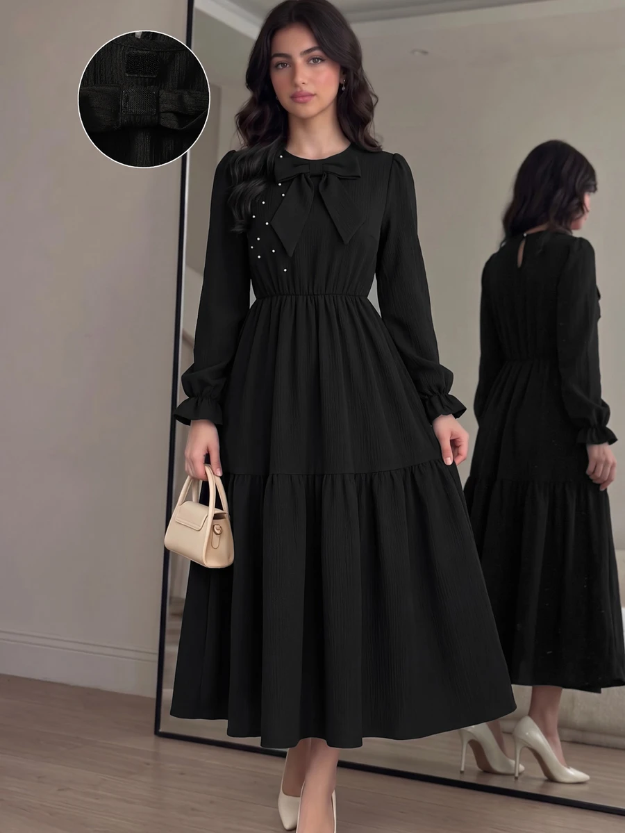 Teen Girl Black Sweet Style Long Sleeve Dress With Bow And Pearl Decor, Autumn Dresses, Ruffle Sleeves Party Cute Elegant Cute - Black - View 1