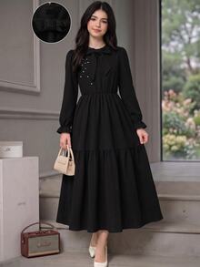 Teen Girl Black Sweet Style Long Sleeve Dress With Bow And Pearl Decor, Autumn Dresses, Ruffle Sleeves Party Cute Elegant Cute - Black - View 3