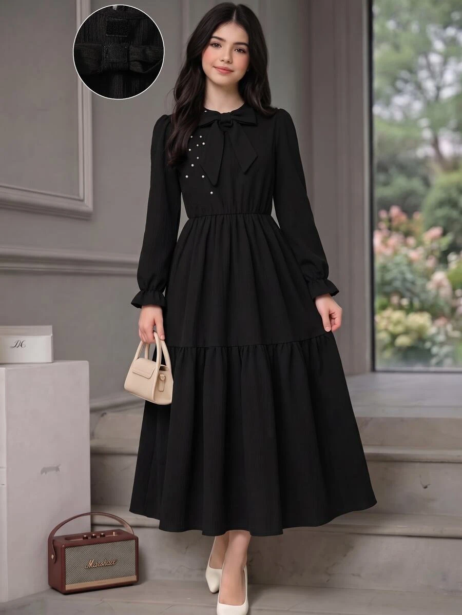 Teen Girl Black Sweet Style Long Sleeve Dress With Bow And Pearl Decor, Autumn Dresses, Ruffle Sleeves Party Cute Elegant Cute - Black - View 1
