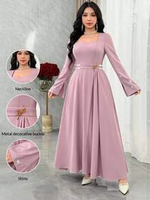 Feyla Women's Solid Color Sweetheart Neck Long Sleeve Rhinestone Embellished Elegant Mid-Length Dress Modest Dress - Purple - View 2