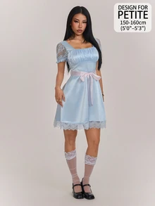 SHEIN PETITE Women's Pleated Square Neck Contrast Lace Short Sleeve Elegant Dress - Baby Blue - View 1