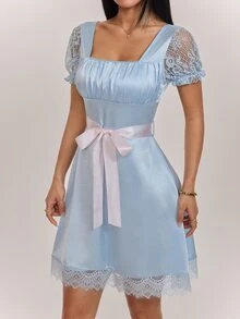 SHEIN PETITE Women's Pleated Square Neck Contrast Lace Short Sleeve Elegant Dress - Baby Blue - View 3