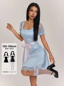 SHEIN PETITE Women's Pleated Square Neck Contrast Lace Short Sleeve Elegant Dress - Baby Blue - View 5
