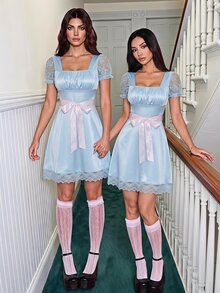 SHEIN PETITE Women's Pleated Square Neck Contrast Lace Short Sleeve Elegant Dress - Baby Blue - View 10