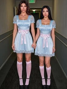 SHEIN PETITE Women's Pleated Square Neck Contrast Lace Short Sleeve Elegant Dress - Baby Blue - View 7