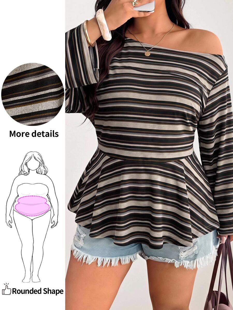 Enliva Plus-Size Women's Retro Asymmetrical Neckline Knitted Fitted T-Shirt Top Apple,Rounded Body Fall Casual Blouses For Women - Multicolor - View 1