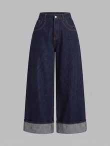 SHEIN MOD Plus Size Women's Loose Wide Leg Casual Denim Jeans With Pockets - Dark Wash - View 2