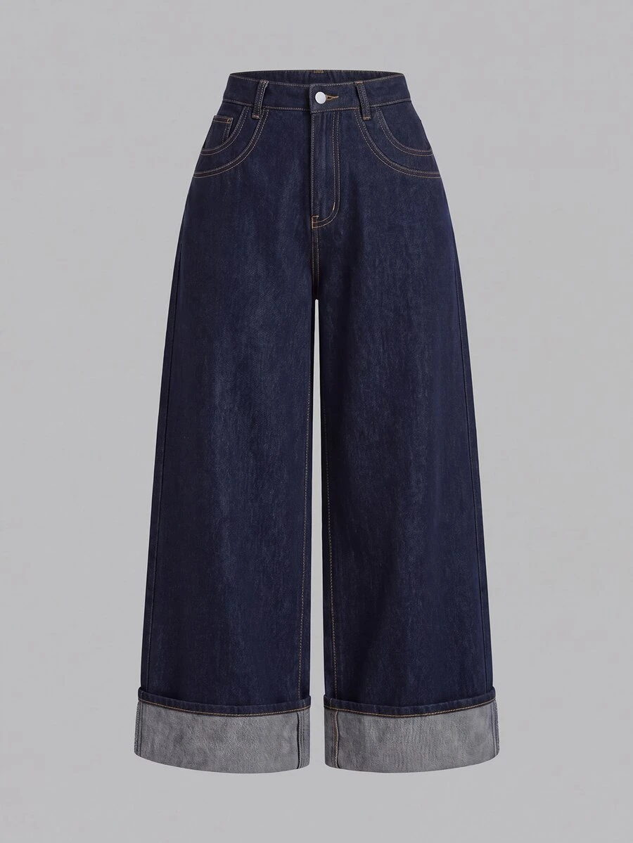 SHEIN MOD Plus Size Women's Loose Wide Leg Casual Denim Jeans With Pockets