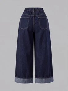 SHEIN MOD Plus Size Women's Loose Wide Leg Casual Denim Jeans With Pockets - Dark Wash - View 3