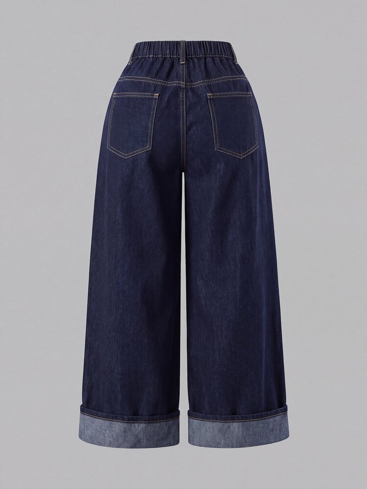 SHEIN MOD Plus Size Women's Loose Wide Leg Casual Denim Jeans With Pockets - Dark Wash - View 2
