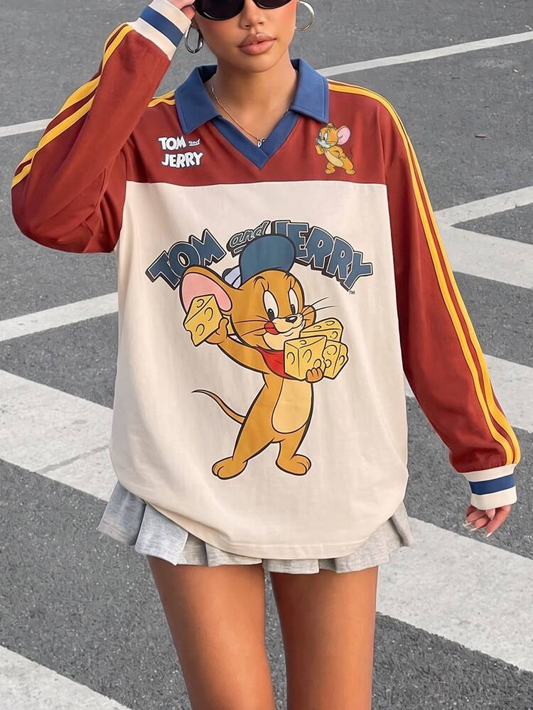 TOM & JERRY X SHEIN SHEIN EZwear 大尺碼拼色拼接卡通印花T恤 - 彩色 - 查看 5