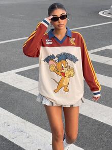 TOM & JERRY X SHEIN SHEIN EZwear Plus Size Colorblock Patchwork Cartoon Print T-Shirt - Multicolor - View 3