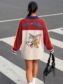 TOM & JERRY X SHEIN SHEIN EZwear Plus Size Colorblock Patchwork Cartoon Print T-Shirt - Multicolor - View 2