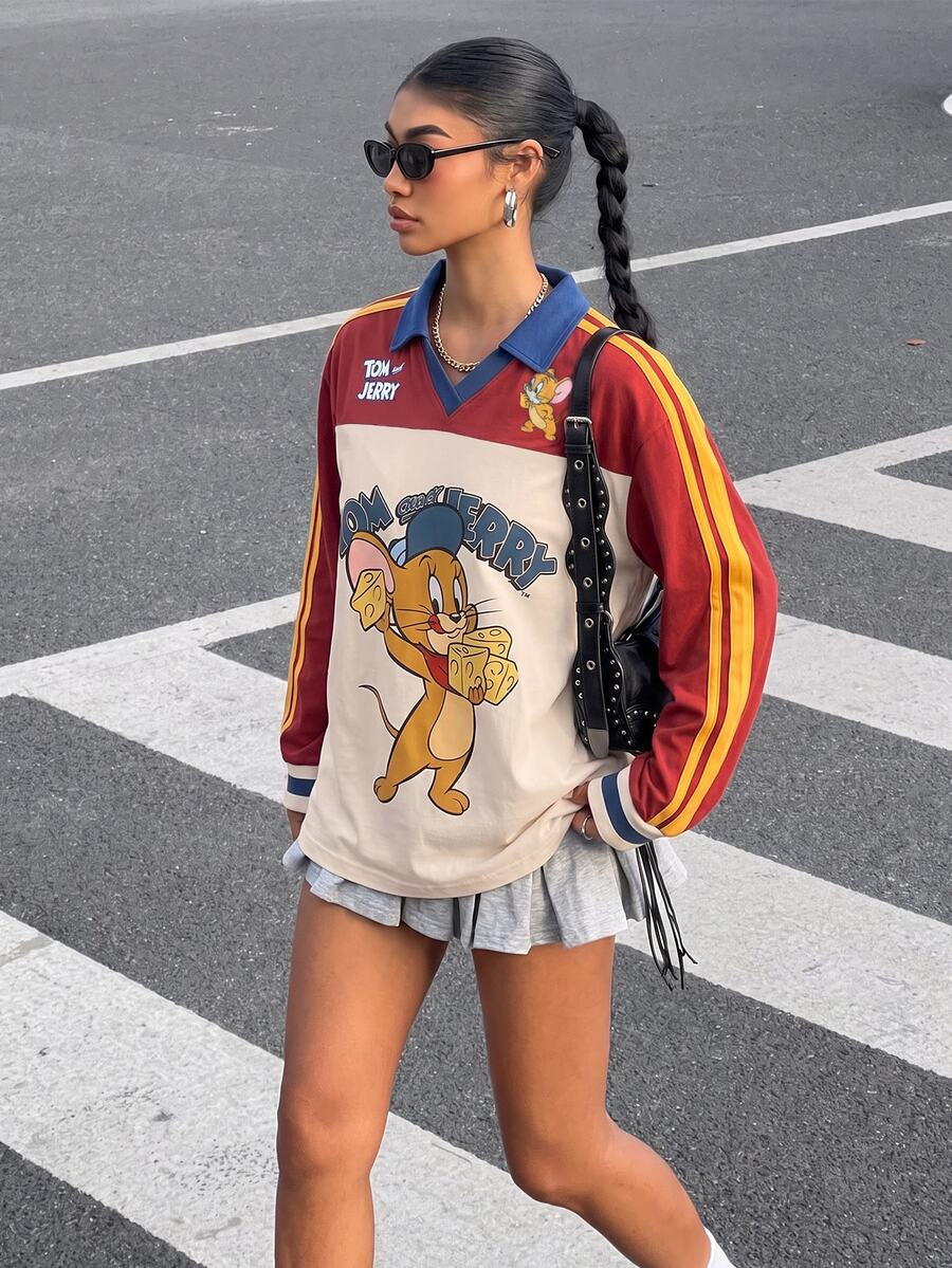 TOM & JERRY X SHEIN SHEIN EZwear Plus Size Colorblock Patchwork Cartoon Print T-Shirt - Multicolor - View 1