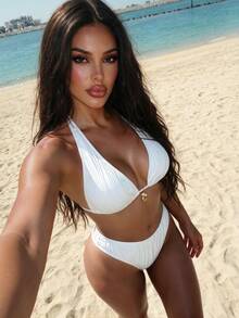SHEIN Swim Summer Beach Women's Solid Color Halter Neck Bikini Set With Faux Pearl & Shell Pendant Decor, Two Pieces - White - View 5