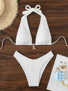 SHEIN Swim Summer Beach Women's Solid Color Halter Neck Bikini Set With Faux Pearl & Shell Pendant Decor, Two Pieces - White - View 3