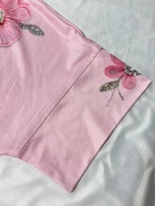 Selianne 女款粉色花卉圓領兩件式套裝，花卉印花珍珠水鑽裝飾短袖裙褲，休閒浪漫可愛，適合早午餐與茶會 - 粉色 - 查看 6
