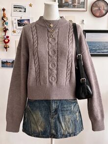 Elamini Women's Autumn/Winter Lazy Fashion Vintage Daily Home Commute Versatile Mock Neck Sweater - Brown - View 1