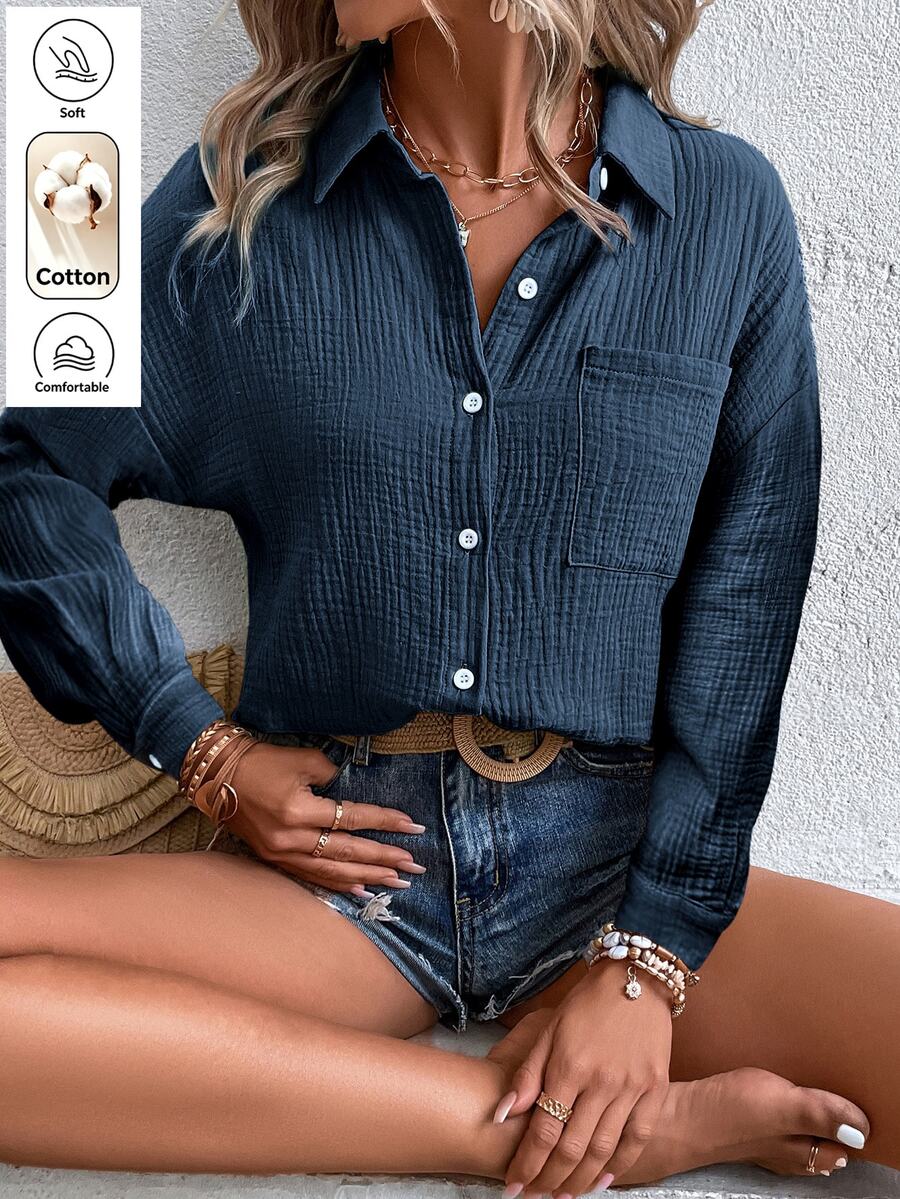 EMERY ROSE Camisa de manga larga con bolsillo parche, botones y caída de hombros de un solo color - Azul Marino - Ver 1