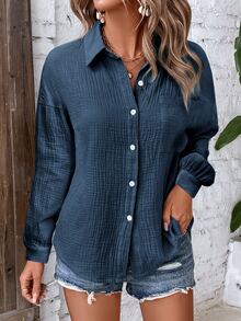 EMERY ROSE Camisa de manga larga con bolsillo parche, botones y caída de hombros de un solo color - Azul Marino - Ver 7