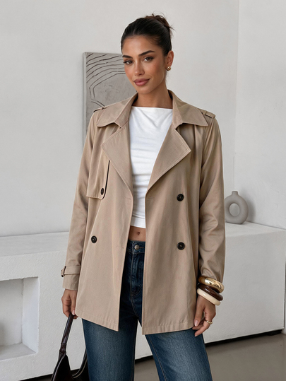 Lavishia Women's Elegant Khaki Comfortable Double-Breasted Pocket Trench Coat Waist-Cinching A-Line Long Sleeve Autumn Winter Teacher Back To School Casual