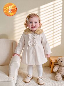 SHEIN Baby Girl Furry Collar Cuff Double Bow A-Line Coat, Button Front Long Sleeve Warm Autumn Winter Outerwear Formal Club White Elegant Cozy - Multicolor - View 3