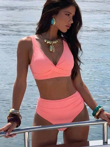 SHEIN Swim Women V-Neck Solid High Waist Bikini 2 Pieces Swimwear Set, Beach Holiday Summer Outfits - Coral Pink - View 3
