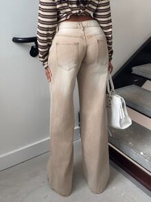Alexandranx 秋冬女款休閒度假水洗復古寬版米色水洗牛仔緊身牛仔褲，適合嬌小女性 - 米色 - 查看 3