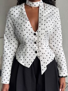 Alexandranx 女士优雅通勤波点印花西装外套，秋季必备，适合所有女性，秋季百搭，时尚百搭，返校季教师必备，深V领修身西装外套，配有独立系带，优雅简约，浪漫迷人，适合通勤或约会，黑白波点图案 - 白色 - 查看 4