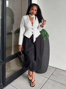 Alexandranx 女士优雅通勤波点印花西装外套，秋季必备，适合所有女性，秋季百搭，时尚百搭，返校季教师必备，深V领修身西装外套，配有独立系带，优雅简约，浪漫迷人，适合通勤或约会，黑白波点图案 - 白色 - 查看 5