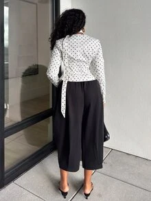 Alexandranx 女士优雅通勤波点印花西装外套，秋季必备，适合所有女性，秋季百搭，时尚百搭，返校季教师必备，深V领修身西装外套，配有独立系带，优雅简约，浪漫迷人，适合通勤或约会，黑白波点图案 - 白色 - 查看 3