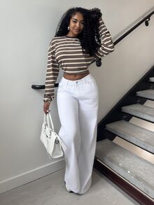 Alexandranx Women's Summer Party/Graduation/Casual/Vacation/Street Style/Y2K/Fashionable/Going Out Loose Fit Pockets Denim Wide Leg White Jeans - White - View 1