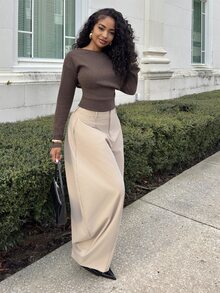 Alexandranx Seam Detail High Waist Barrel Leg Office Pants - Apricot - View 6