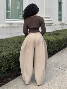 Alexandranx Seam Detail High Waist Barrel Leg Office Pants - Apricot - View 2