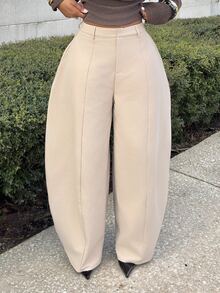 Alexandranx Seam Detail High Waist Barrel Leg Office Pants - Apricot - View 5
