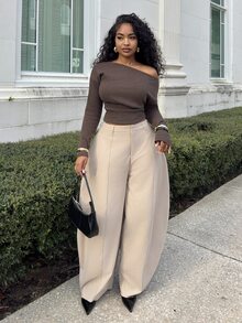 Alexandranx Seam Detail High Waist Barrel Leg Office Pants - Apricot - View 1