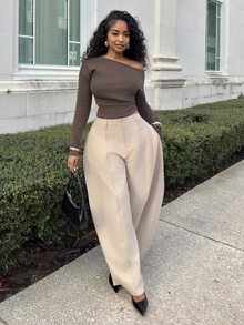 Alexandranx Seam Detail High Waist Barrel Leg Office Pants - Apricot - View 4