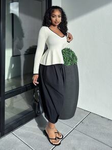 Alexandranx Sexy Fitted Fashionable Women Contrast Trim Long Sleeve Waist Fitted Knit Top - Multicolor - View 4
