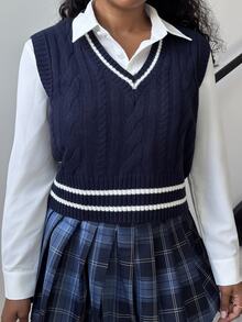Alexandranx Women Casual Contrast Color Edge Wide Strap Knit Sweater Vest, Autumn - Royal Blue - View 5