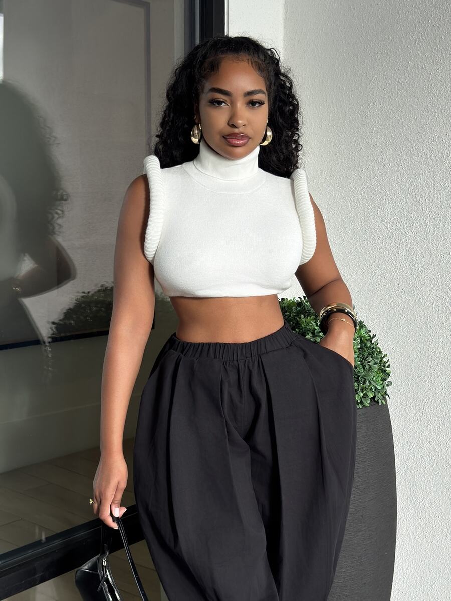 Alexandranx High Neck Rolled Sleeve Crop Knit Top Sexy Top Fashionable Top GNO Concert Girls Night Out - White - View 1