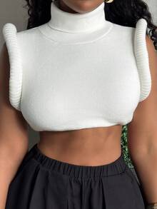 Alexandranx High Neck Rolled Sleeve Crop Knit Top Sexy Top Fashionable Top GNO Concert Girls Night Out - White - View 6